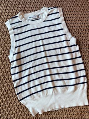 Zara Striped Knit Tank Top Navy White Sleeveless Fitted Size S Coastal Chic